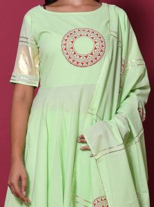 Green Block Print Cotton Kurta Sets