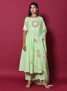 Green Block Print Cotton Kurta Sets