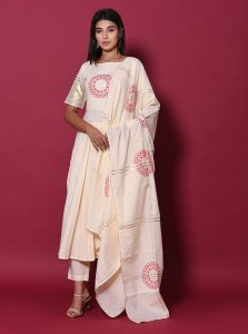 Beige Block Print Cotton Kurta Sets