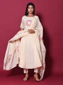 Beige Block Print Cotton Kurta Sets