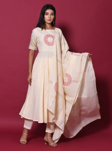 Beige Block Print Cotton Kurta Sets