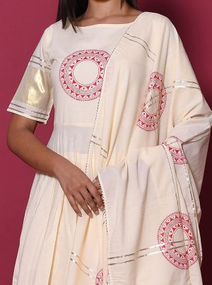 Beige Block Print Cotton Kurta Sets