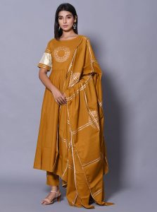 Beige Block Print Cotton Kurta Sets