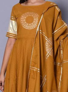 Beige Block Print Cotton Kurta Sets
