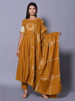 Beige Block Print Cotton Kurta Sets