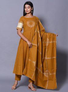 Beige Block Print Cotton Kurta Sets