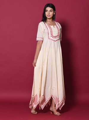 Beige Block Print Cotton Kurtis