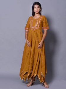 Mustard Block Print Cotton Kurtis