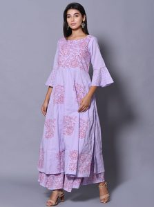 Purple Block Print Cotton Kurta Sets