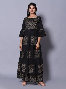 Black Block Print Cotton Kurta Sets