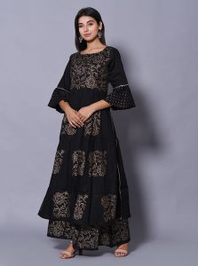 Black Block Print Cotton Kurta Sets