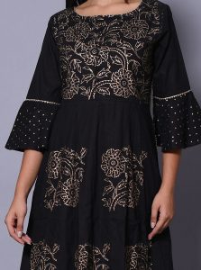 Black Block Print Cotton Kurta Sets