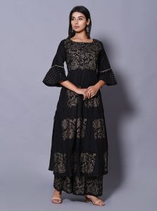 Black Block Print Cotton Kurta Sets