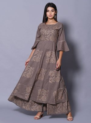 Grey Block Print Cotton Kurta Sets