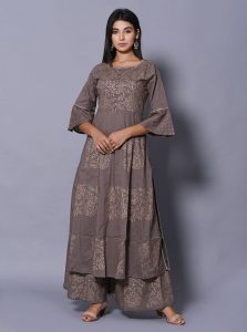 Grey Block Print Cotton Kurta Sets