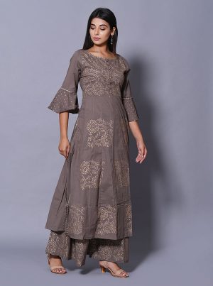 Grey Block Print Cotton Kurta Sets