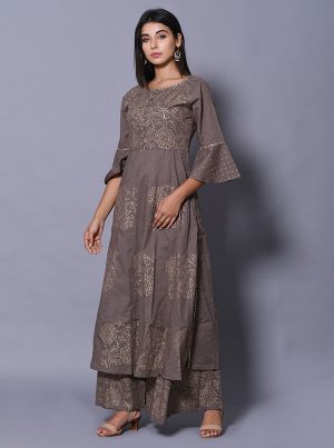 Grey Block Print Cotton Kurta Sets