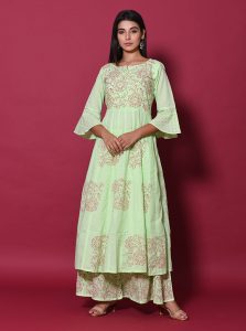 Pista Block Print Cotton Kurta Sets