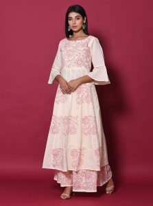 Beige Block Print Cotton Kurta Sets