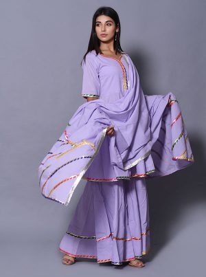 Purple Block Print Cotton Kurta Sets