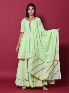 Green Block Print Cotton Kurta Sets