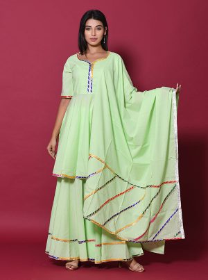 Green Block Print Cotton Kurta Sets