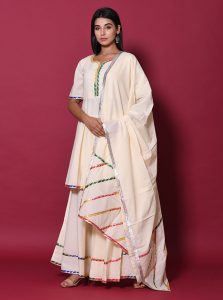 Beige Block Print Cotton Kurta Sets