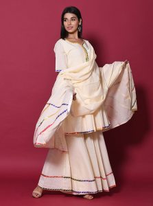 Beige Block Print Cotton Kurta Sets