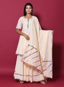 Beige Block Print Cotton Kurta Sets