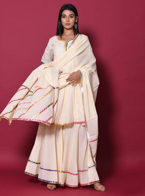 Beige Block Print Cotton Kurta Sets