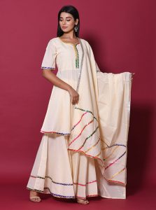 Beige Block Print Cotton Kurta Sets