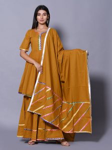 Yellow Block Print Cotton Kurta Sets