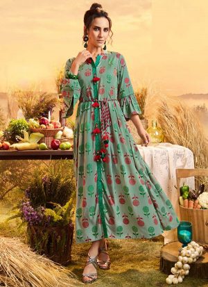 Turquoise Cotton Ethnic Kurtis