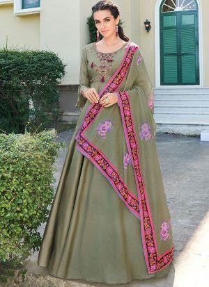 Olive Silk Blend Anarkali Salwar Kameez