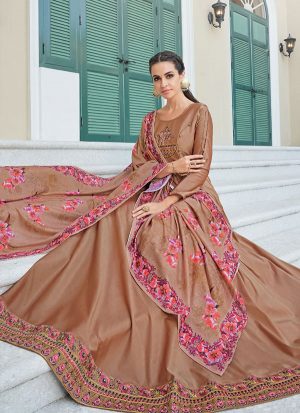 Dark Peach Silk Blend Anarkali Salwar Kameez