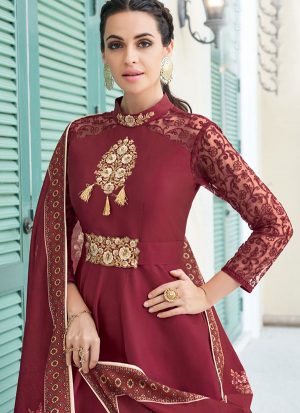 Maroon Silk Blend Anarkali Salwar Kameez