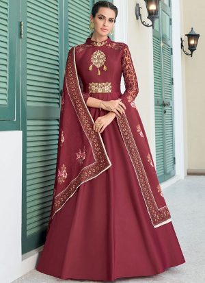 Maroon Silk Blend Anarkali Salwar Kameez