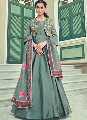 Aqua Blue Silk Blend Anarkali Salwar Kameez