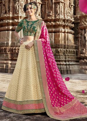 Off White Designer Wedding Wear Embroidery Lehenga
