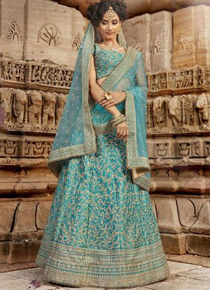 Sky Blue Designer Wedding Wear Embroidery Lehenga
