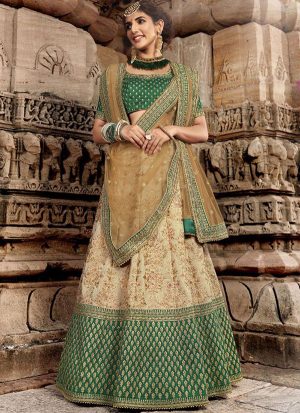 Cream Designer Wedding Wear Embroidery Lehenga