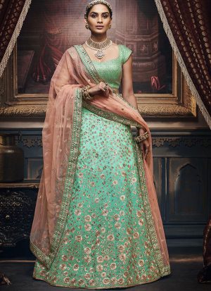 Turquoise Designer Wedding Wear Embroidery Lehenga
