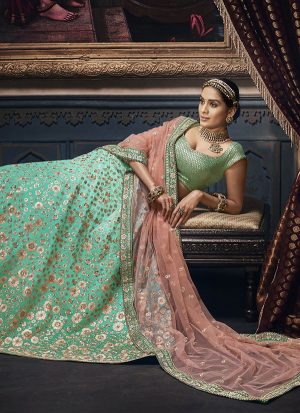Turquoise Designer Wedding Wear Embroidery Lehenga