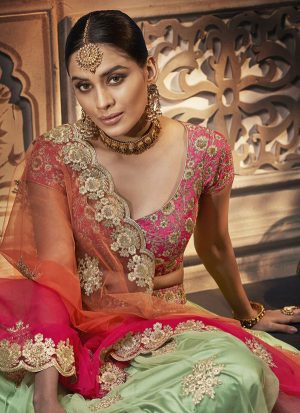 Lime Designer Wedding Wear Embroidery Lehenga