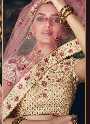 Off White Designer Wedding Wear Embroidery Lehenga