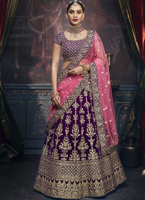 Purple Designer Wedding Wear Embroidery Lehenga