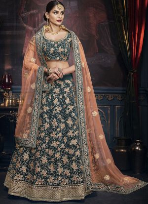 Dark Teal Designer Wedding Wear Embroidery Lehenga