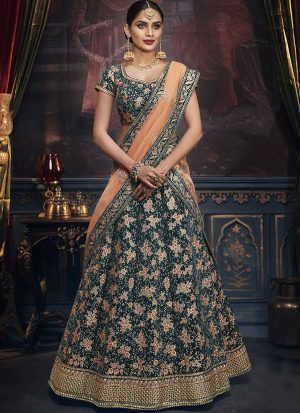 Dark Teal Designer Wedding Wear Embroidery Lehenga