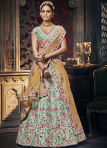 Turquoise Designer Wedding Wear Embroidery Lehenga