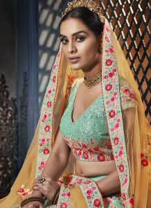 Turquoise Designer Wedding Wear Embroidery Lehenga
